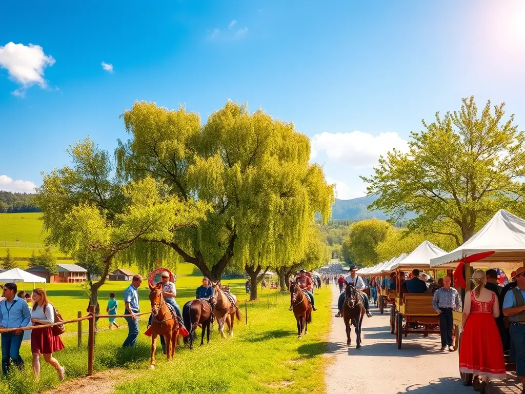 A picturesque view of a tourist event in the Lapalisse region, featuring horse-drawn carriages and local cultural displays. The image highlights the beauty of the area and the unique experiences offered to visitors.