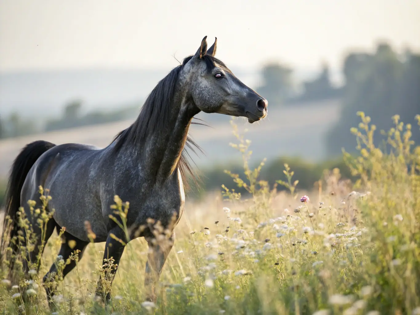 A close-up shot of a healthy, well-groomed horse, representing the high-quality equine breeding products promoted by L'ATTELAGE EN BOURBONNAIS. The image emphasizes the organization's commitment to supporting the development of talented horses.
